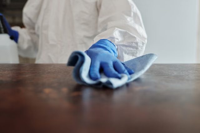 Désinfection d'une surface avec des gants, geste d'hygiène en crèche